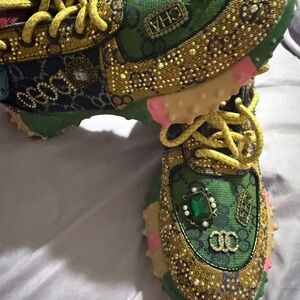 Embellished Green and Gold Crystal-Detail Women's Sneakers